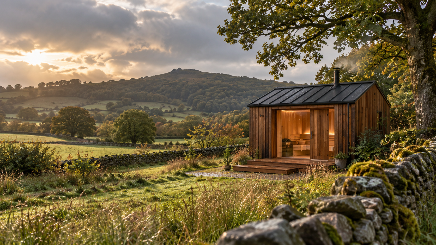 Hand-built timber sauna settled among Shropshire fields
