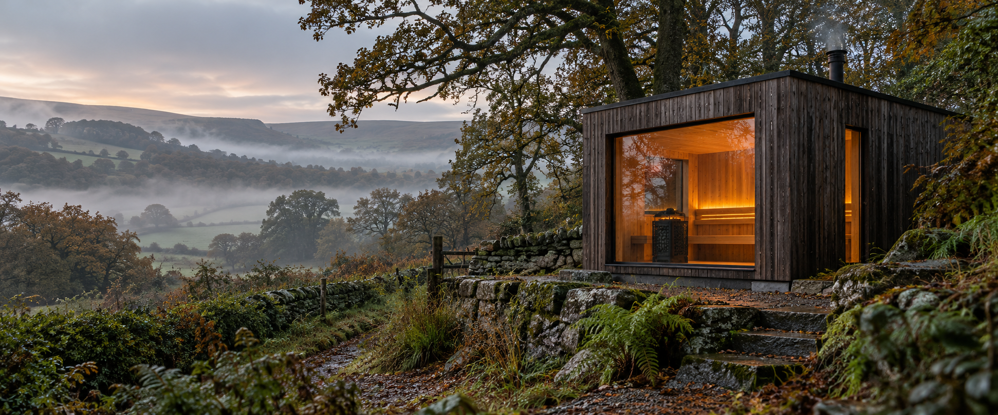 Hand-built timber sauna overlooking the Shropshire hills